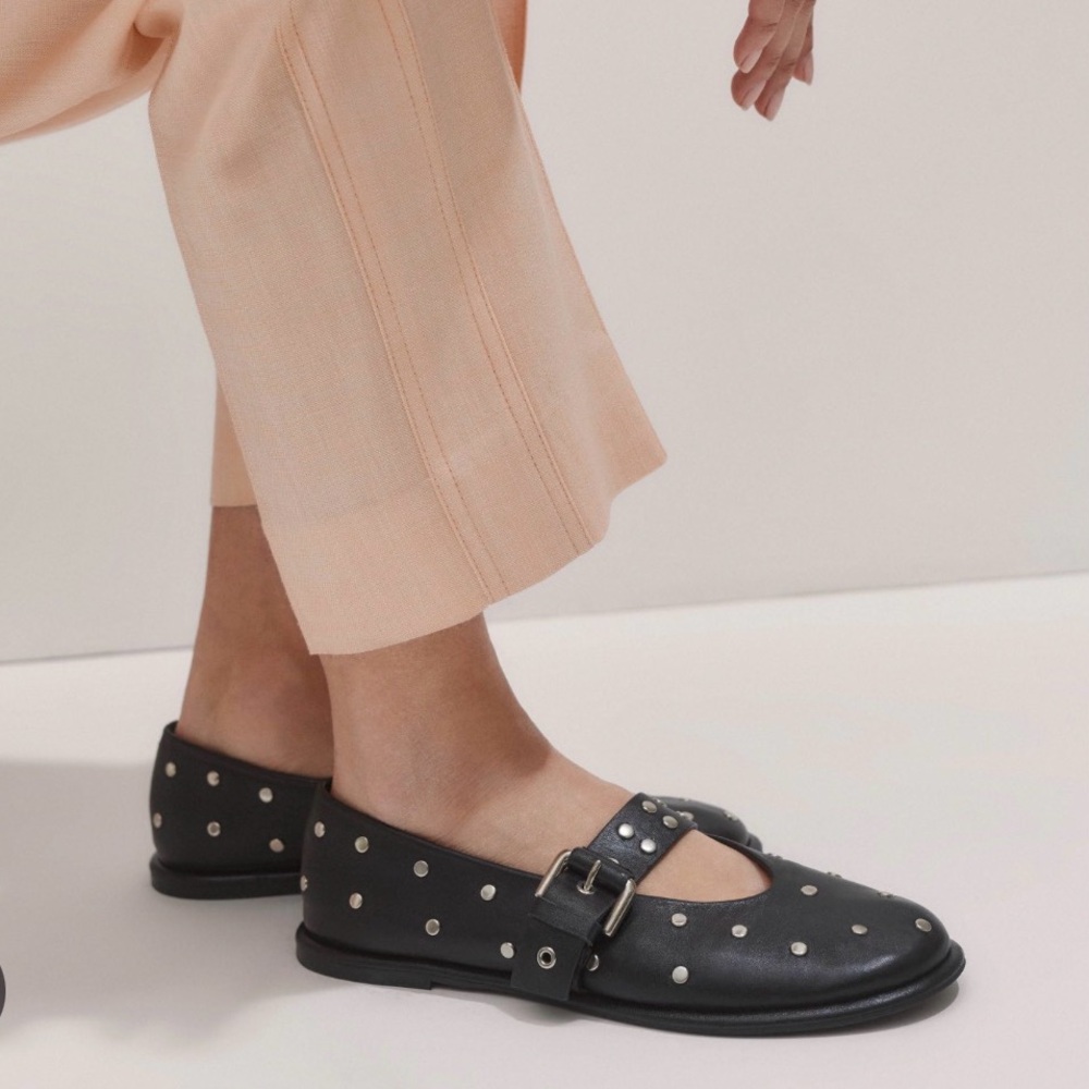 ME+EM Black Silver Studded Ballerina Flat 7 37 Leather Box + Bag Ballet